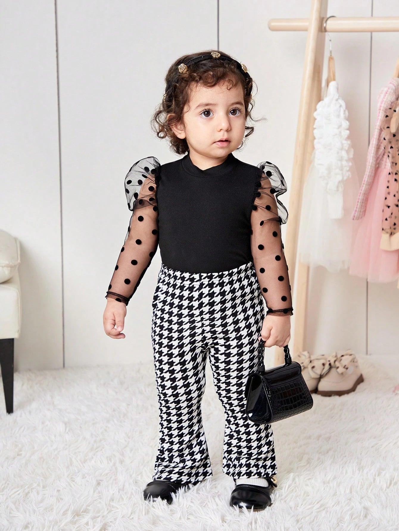 Bubblio 2pcs Baby Girl Cute Knit Panel Polka Dot Mesh Top And Houndstooth Flare Pants Set, Autumn/Winter