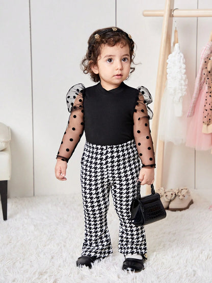 Bubblio 2pcs Baby Girl Cute Knit Panel Polka Dot Mesh Top And Houndstooth Flare Pants Set, Autumn/Winter