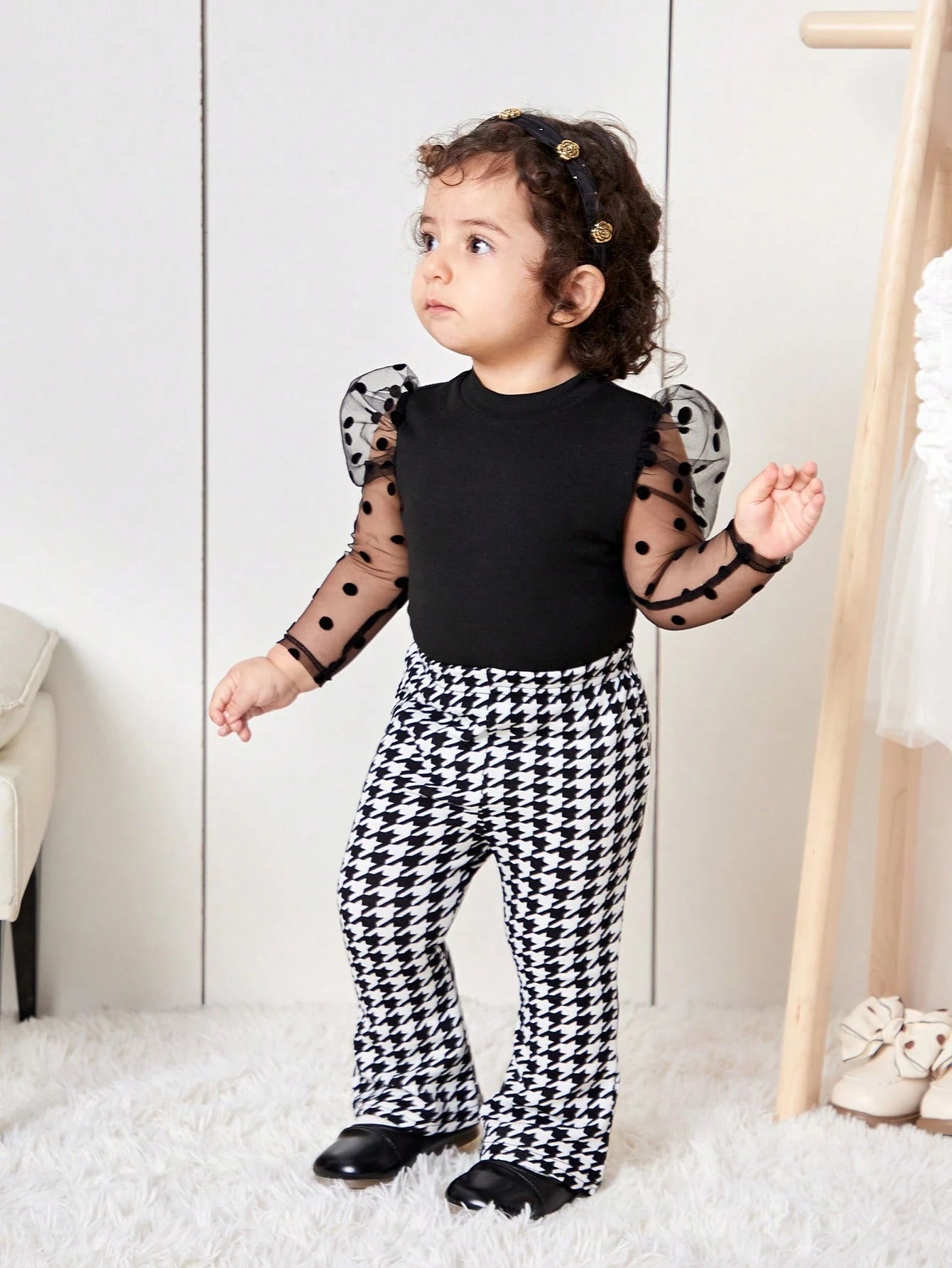 Bubblio 2pcs Baby Girl Cute Knit Panel Polka Dot Mesh Top And Houndstooth Flare Pants Set, Autumn/Winter