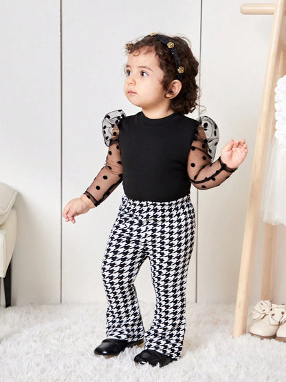 Bubblio 2pcs Baby Girl Cute Knit Panel Polka Dot Mesh Top And Houndstooth Flare Pants Set, Autumn/Winter