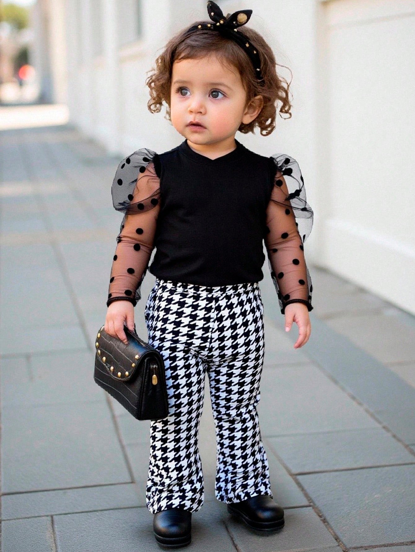 Bubblio 2pcs Baby Girl Cute Knit Panel Polka Dot Mesh Top And Houndstooth Flare Pants Set, Autumn/Winter