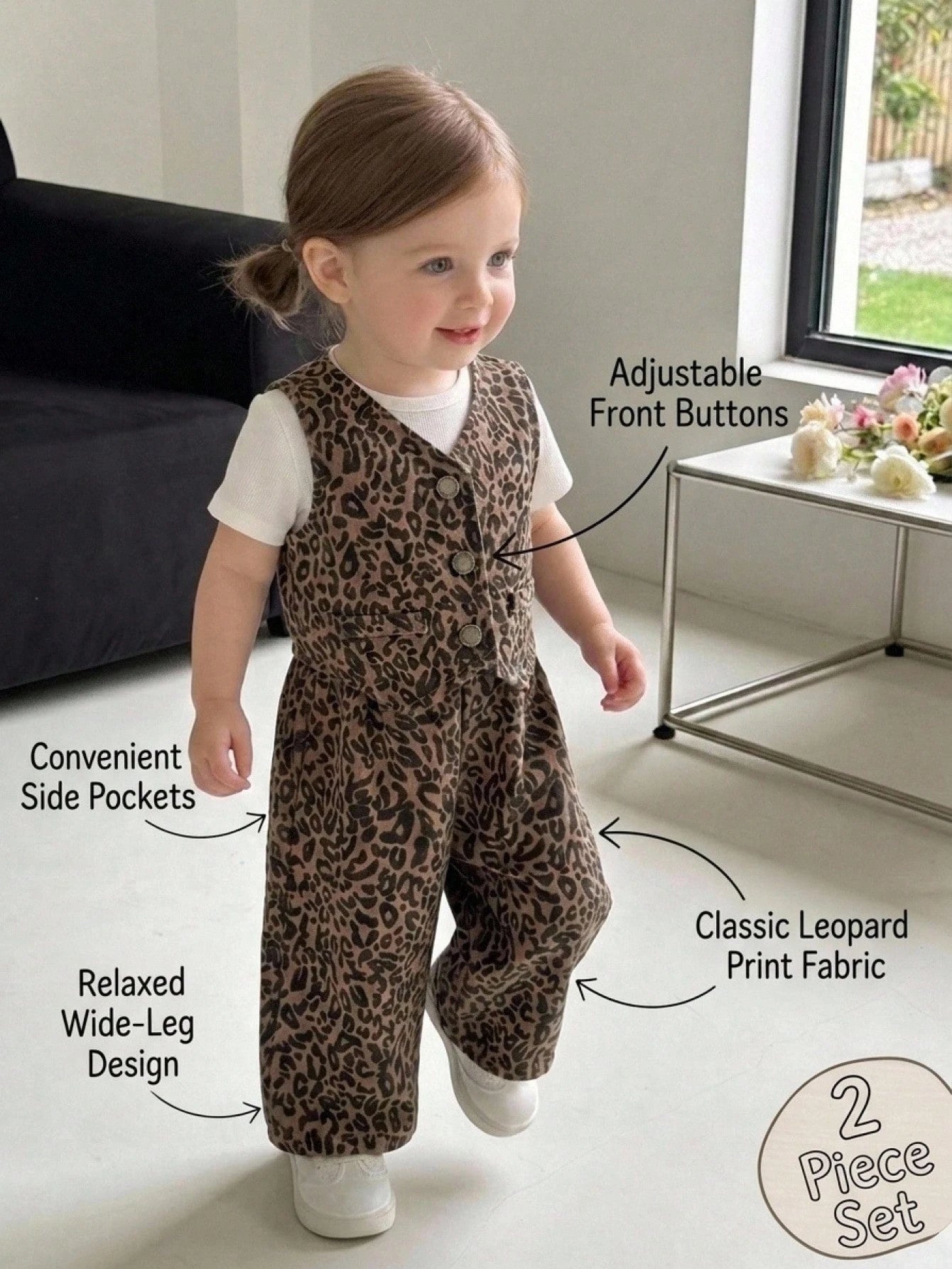 Bubblio 2pcs/Set Baby Girls Y2k Stylish Cotton Brown Leopard Denim Suspender Top & Elastic Waist Jeans,Fall/Winter,Baby Back-To-School Outfits,Toddler Set