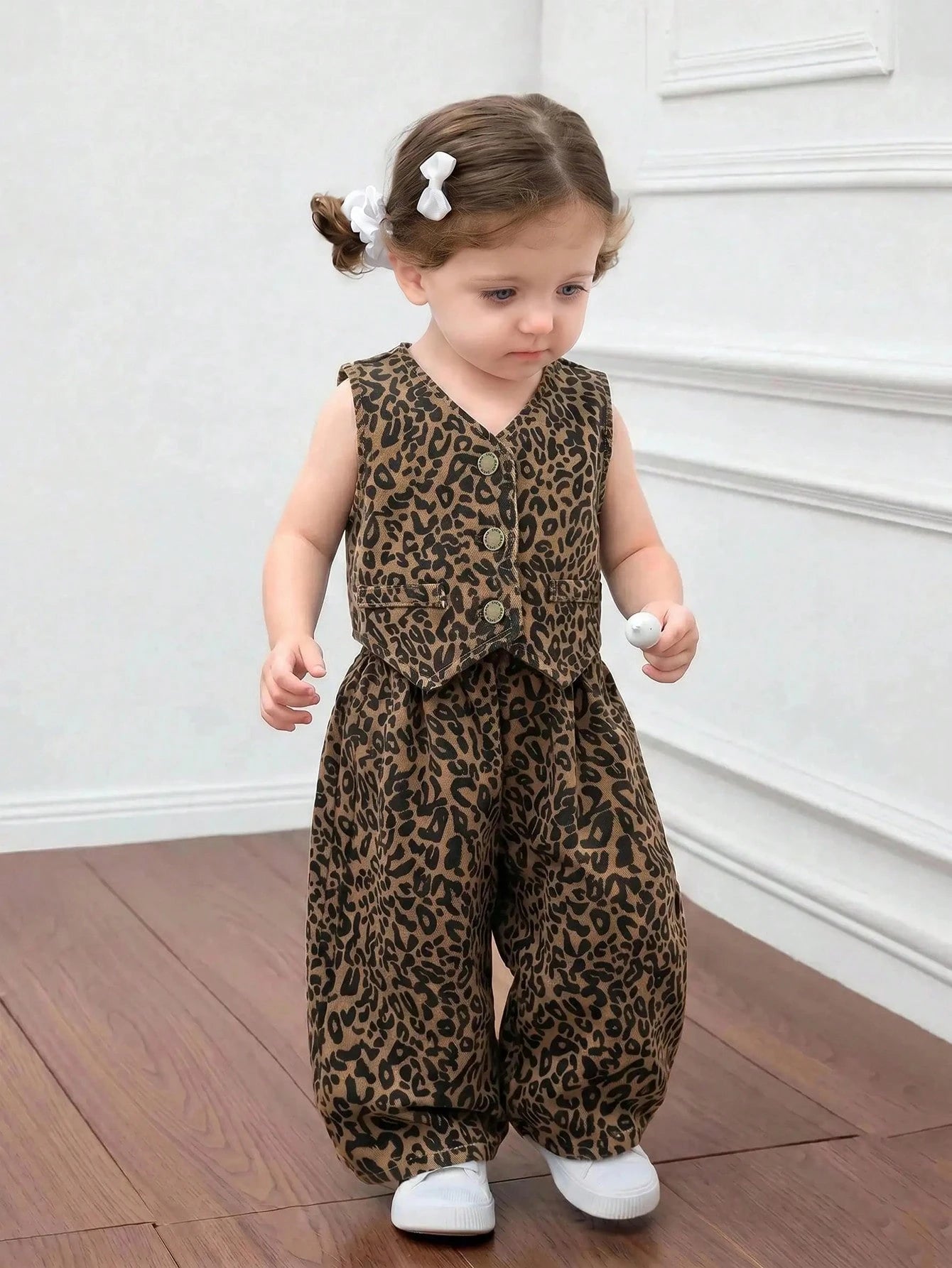 Bubblio 2pcs/Set Baby Girls Y2k Stylish Cotton Brown Leopard Denim Suspender Top & Elastic Waist Jeans,Fall/Winter,Baby Back-To-School Outfits,Toddler Set
