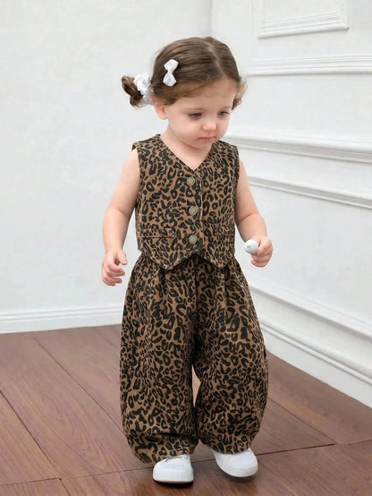 Bubblio 2pcs/Set Baby Girls Y2k Stylish Cotton Brown Leopard Denim Suspender Top & Elastic Waist Jeans,Fall/Winter,Baby Back-To-School Outfits,Toddler Set