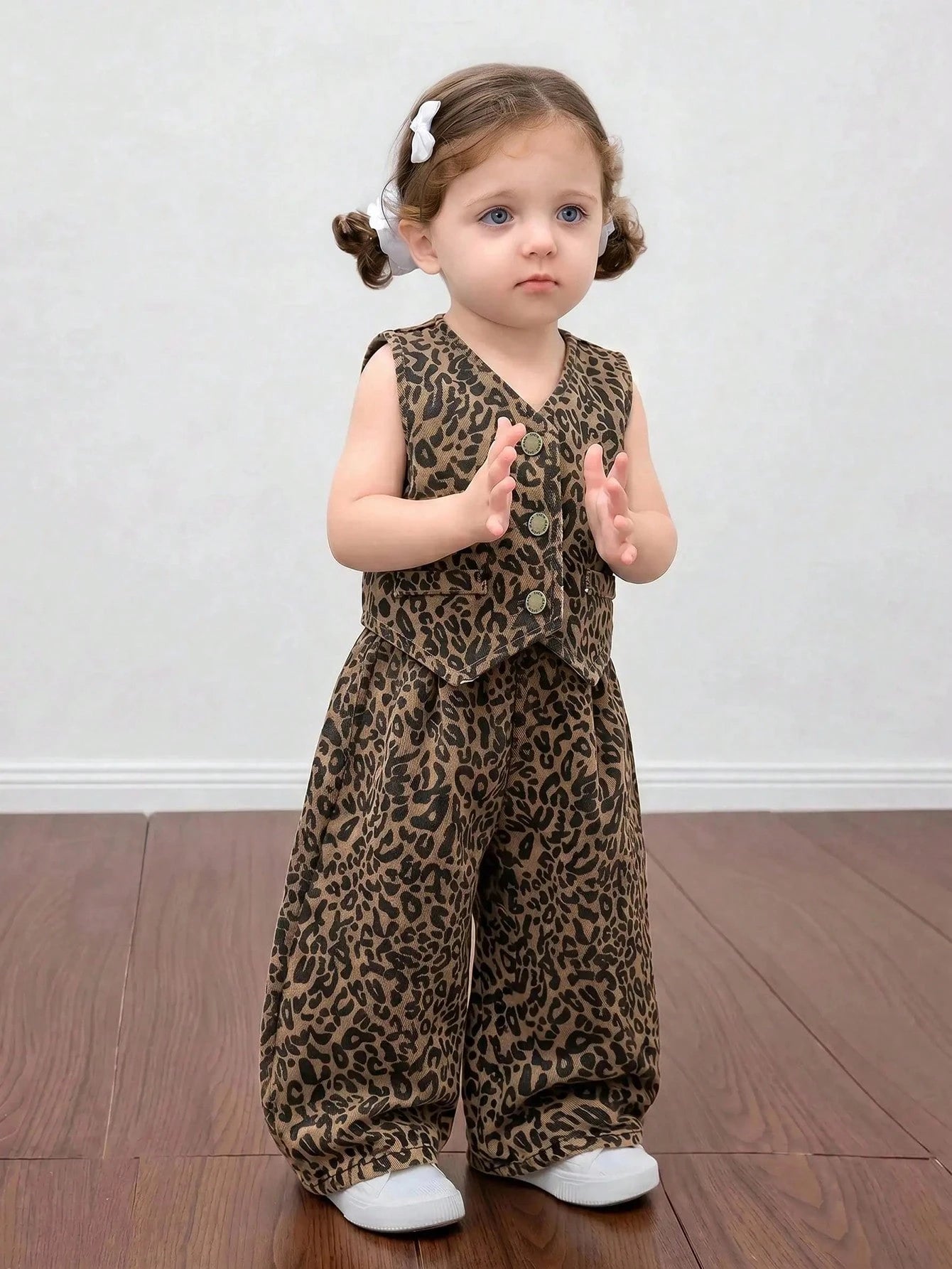 Bubblio 2pcs/Set Baby Girls Y2k Stylish Cotton Brown Leopard Denim Suspender Top & Elastic Waist Jeans,Fall/Winter,Baby Back-To-School Outfits,Toddler Set