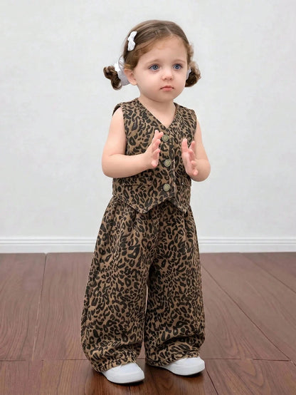 Bubblio 2pcs/Set Baby Girls Y2k Stylish Cotton Brown Leopard Denim Suspender Top & Elastic Waist Jeans,Fall/Winter,Baby Back-To-School Outfits,Toddler Set