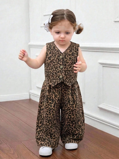 Bubblio 2pcs/Set Baby Girls Y2k Stylish Cotton Brown Leopard Denim Suspender Top & Elastic Waist Jeans,Fall/Winter,Baby Back-To-School Outfits,Toddler Set