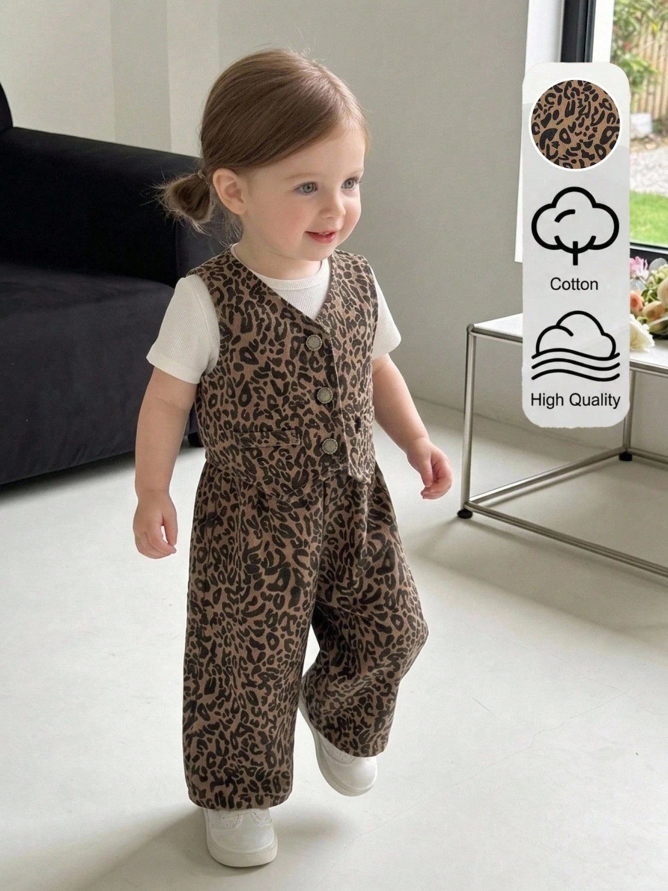 Bubblio 2pcs/Set Baby Girls Y2k Stylish Cotton Brown Leopard Denim Suspender Top & Elastic Waist Jeans,Fall/Winter,Baby Back-To-School Outfits,Toddler Set