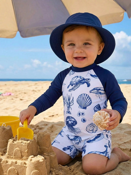 Bubblio Baby Boy/Girl White Cute Ocean Shell Print Long Sleeve Rash Guard Swimsuit,Colorblock Sun Protection Summer Beach Vacation Holiday Pool Surfing Suit