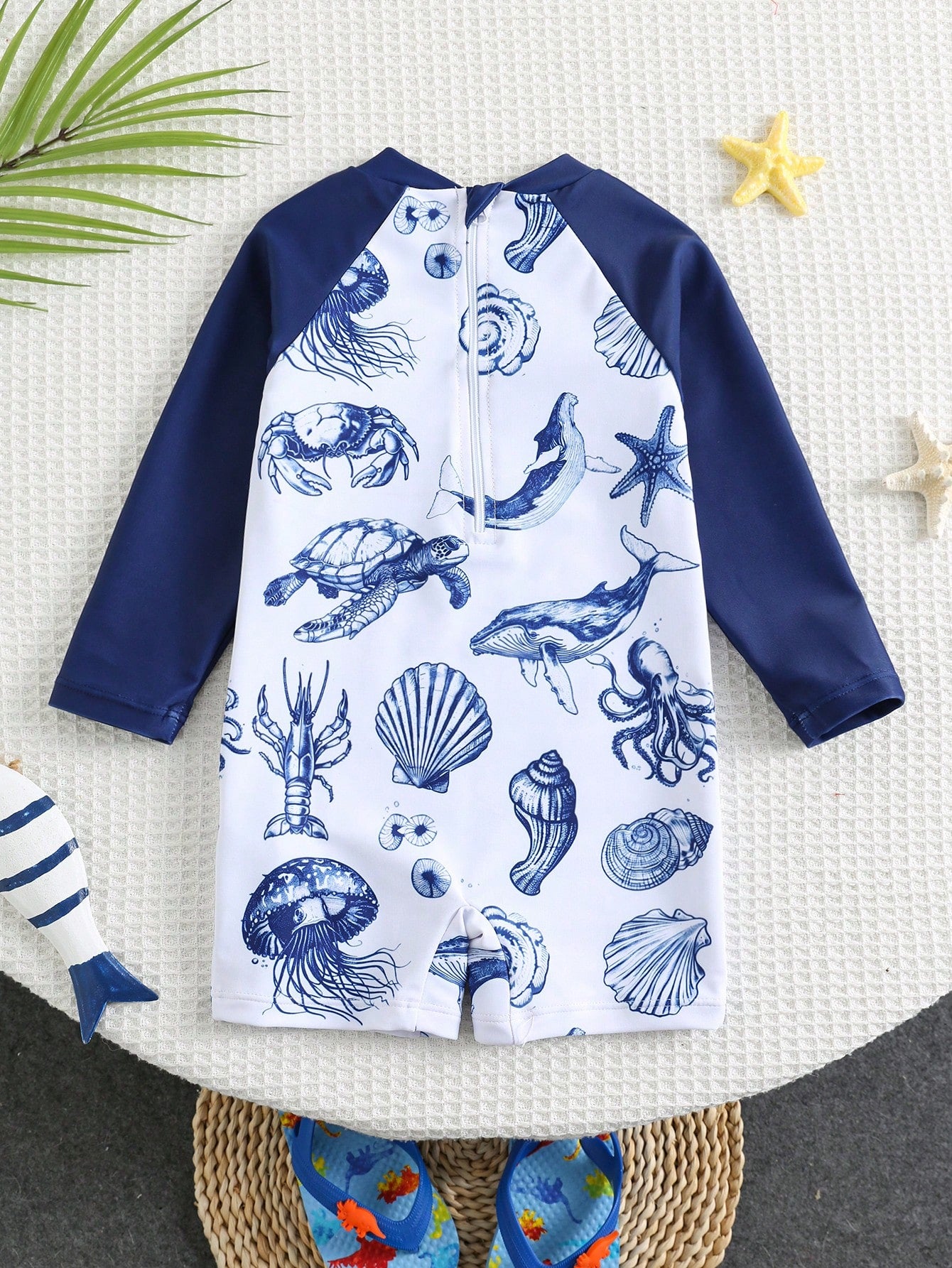 Bubblio Baby Boy/Girl White Cute Ocean Shell Print Long Sleeve Rash Guard Swimsuit,Colorblock Sun Protection Summer Beach Vacation Holiday Pool Surfing Suit