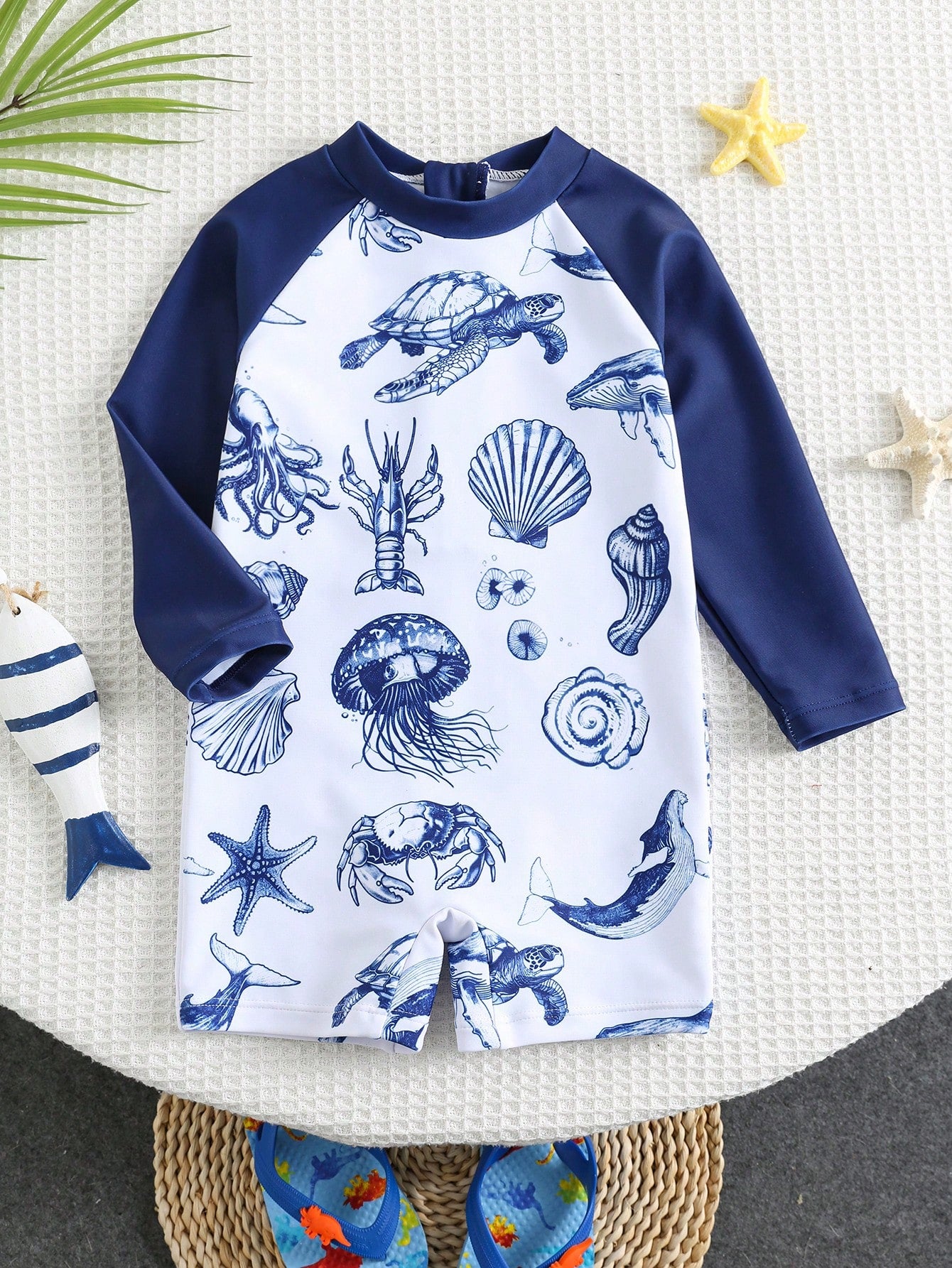 Bubblio Baby Boy/Girl White Cute Ocean Shell Print Long Sleeve Rash Guard Swimsuit,Colorblock Sun Protection Summer Beach Vacation Holiday Pool Surfing Suit