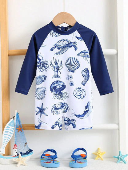Bubblio Baby Boy/Girl White Cute Ocean Shell Print Long Sleeve Rash Guard Swimsuit,Colorblock Sun Protection Summer Beach Vacation Holiday Pool Surfing Suit