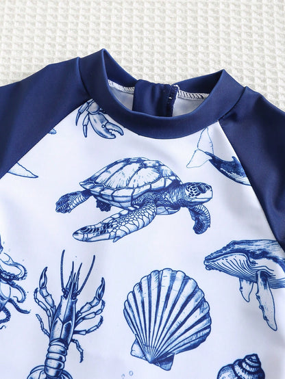 Bubblio Baby Boy/Girl White Cute Ocean Shell Print Long Sleeve Rash Guard Swimsuit,Colorblock Sun Protection Summer Beach Vacation Holiday Pool Surfing Suit