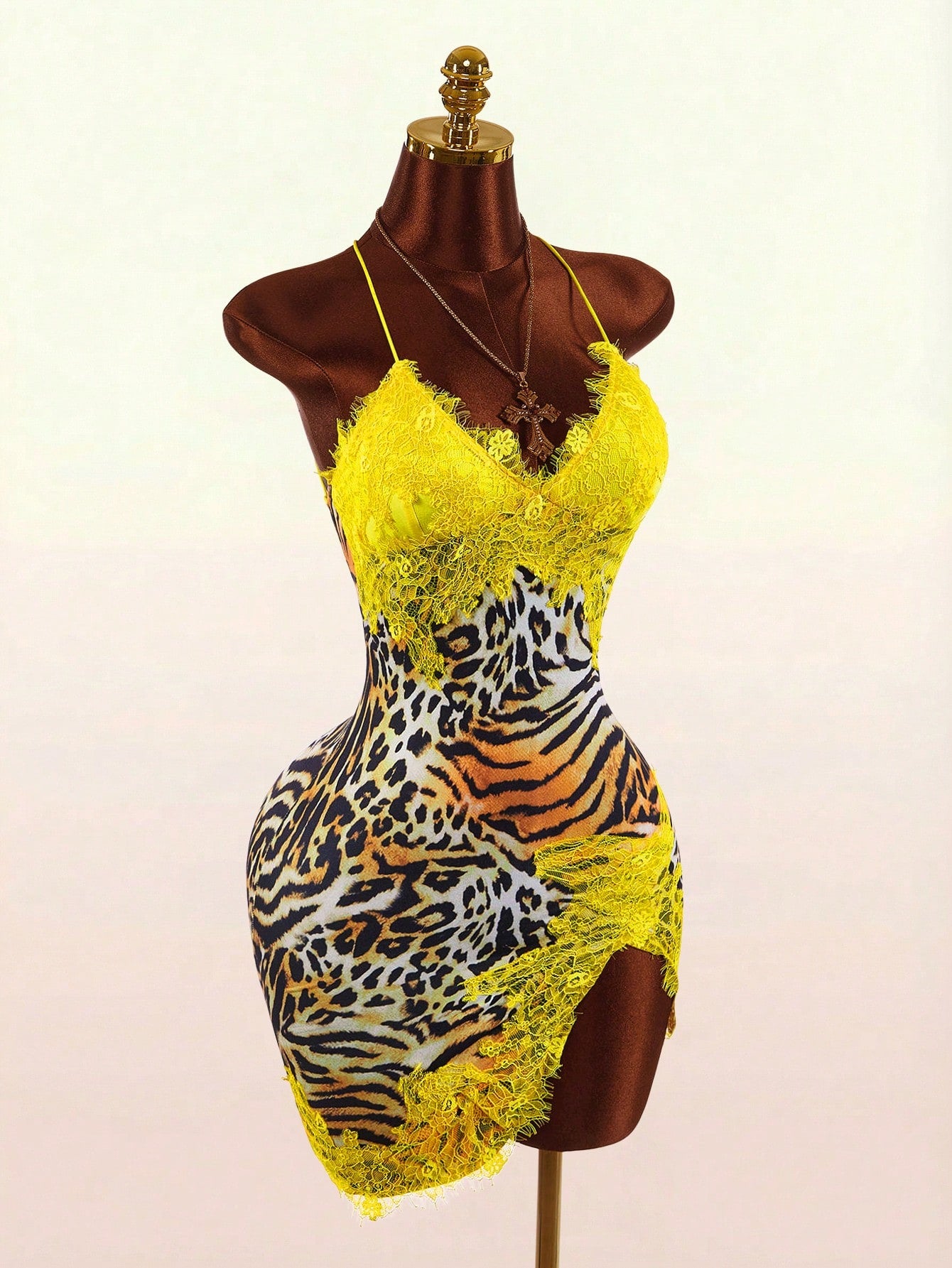 Bumpella Women's Fashion Sexy Contrast Color Lace Patchwork Animal Print Backless Mini Dress,Dresses For Women Summer