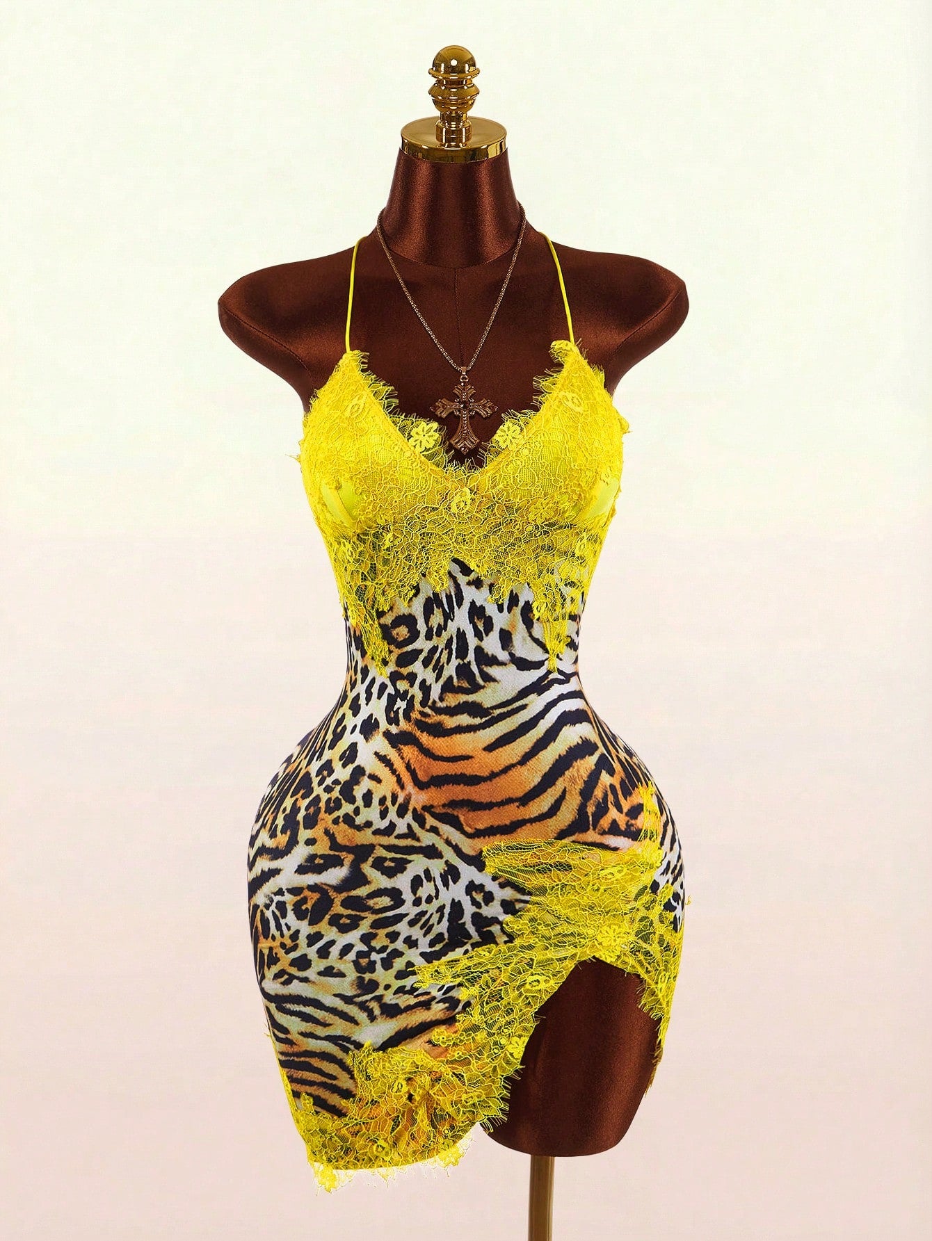 Bumpella Women's Fashion Sexy Contrast Color Lace Patchwork Animal Print Backless Mini Dress,Dresses For Women Summer