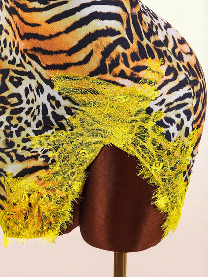 Bumpella Women's Fashion Sexy Contrast Color Lace Patchwork Animal Print Backless Mini Dress,Dresses For Women Summer
