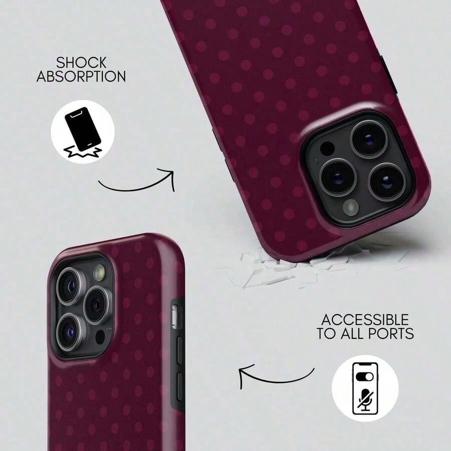 Burgundy Polka Dot Phone Case For IPhone 17 ProMax 16Promax Pro Plus 15 14 13 12 & 25 Ultra Plus 24 23 22 Double Layer Protective Cover Stylish Shock