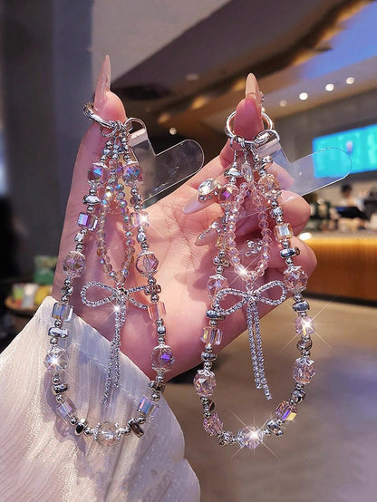 Butterfly Decor Phone Lanyard For Women, Delicate Crystal Pendant Wrist Short Beaded Accessory, Outdoor Travel Shopping Anti-Lost Phone Strap, Fashionable Phone Case Hanging Rope