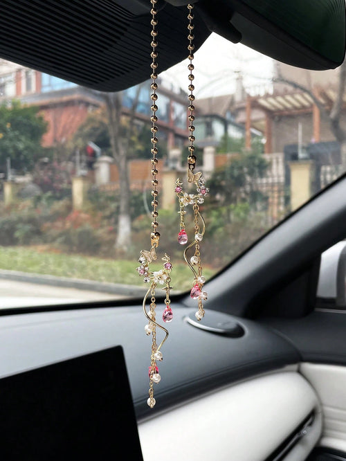 Butterfly & Flower Tassel Car Pendant, Creative Car Rearview Mirror Hanging Decor, Car Interior Accessories