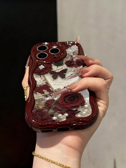 Butterfly Painted Flat Printing Wine Red Painted Cream Texture Painted Soft Shell Suitable For IP17/IP17PROMAX/Iphone16//Iphone16pro/Iphone16promax/Iphone15/ XR/7p8p/P12promax/P13promax/P14PROMAX/P1
