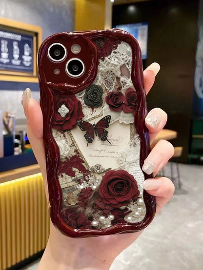 Butterfly Painted Flat Printing Wine Red Painted Cream Texture Painted Soft Shell Suitable For IP17/IP17PROMAX/Iphone16//Iphone16pro/Iphone16promax/Iphone15/ XR/7p8p/P12promax/P13promax/P14PROMAX/P1