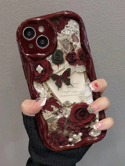 Butterfly Painted Flat Printing Wine Red Painted Cream Texture Painted Soft Shell Suitable For IP17/IP17PROMAX/Iphone16//Iphone16pro/Iphone16promax/Iphone15/ XR/7p8p/P12promax/P13promax/P14PROMAX/P1