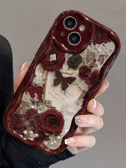 Butterfly Painted Flat Printing Wine Red Painted Cream Texture Painted Soft Shell Suitable For IP17/IP17PROMAX/Iphone16//Iphone16pro/Iphone16promax/Iphone15/ XR/7p8p/P12promax/P13promax/P14PROMAX/P1