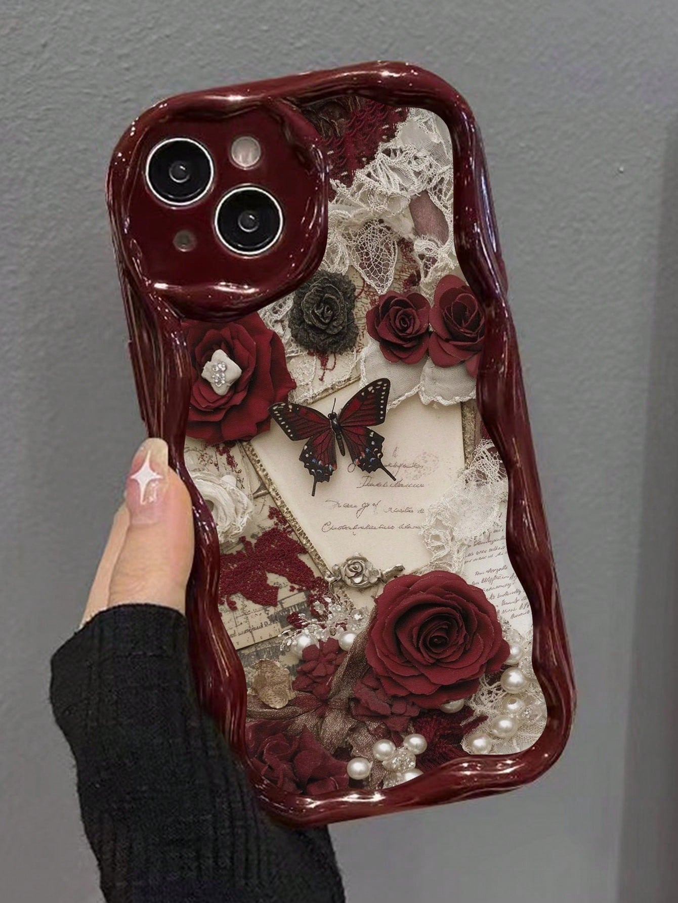 Butterfly Painted Flat Printing Wine Red Painted Cream Texture Painted Soft Shell Suitable For IP17/IP17PROMAX/Iphone16//Iphone16pro/Iphone16promax/Iphone15/ XR/7p8p/P12promax/P13promax/P14PROMAX/P1