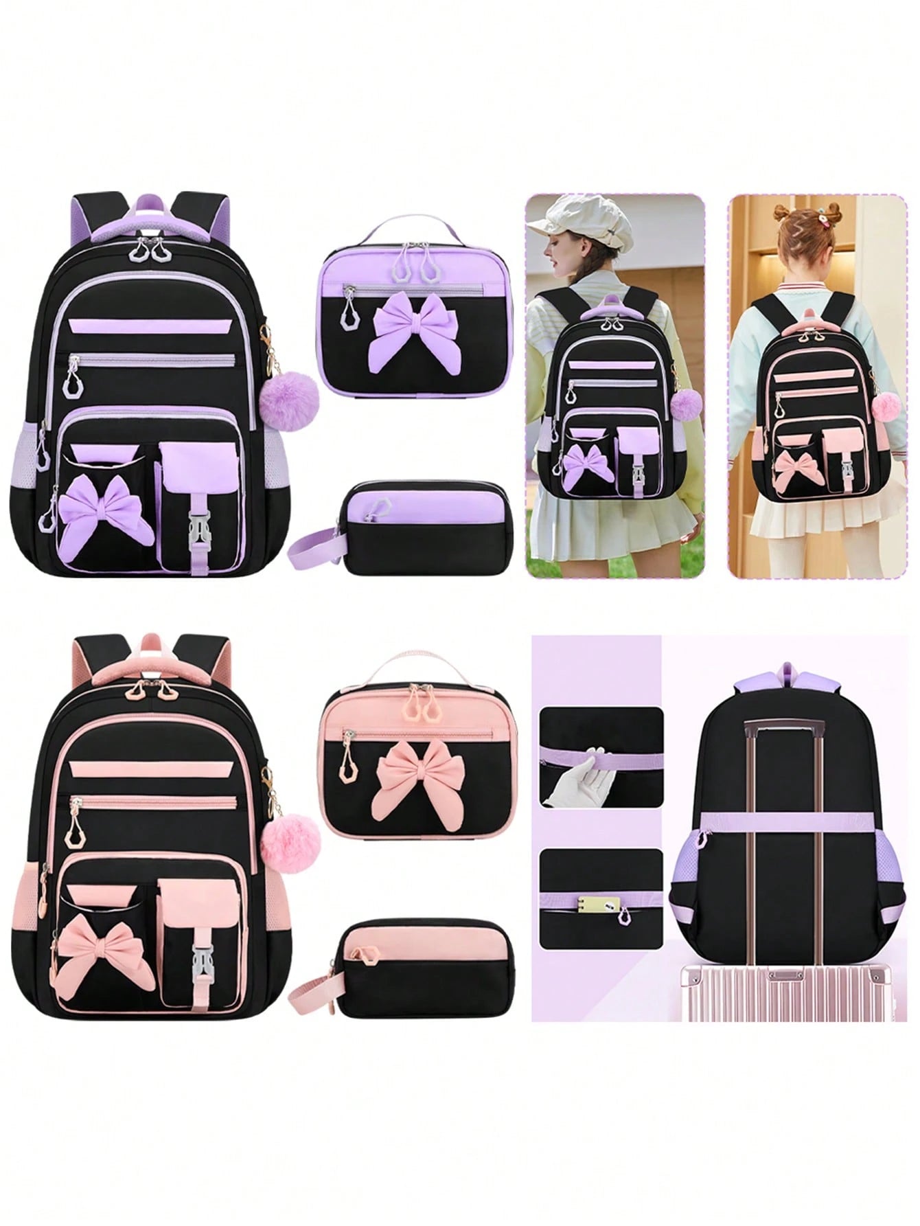 BXboat 3PCS Bow Girl School Backpack Set With Handbag & Storage Bag, Lightweight Multi-Pocket Student Bookbag, Fits 15.6 Inch Laptop, Travel Backpack, Back To School Essential, Ideal Birthday Gift
