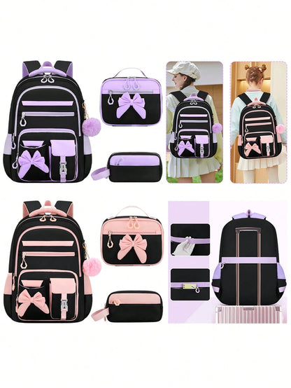 BXboat 3PCS Bow Girl School Backpack Set With Handbag & Storage Bag, Lightweight Multi-Pocket Student Bookbag, Fits 15.6 Inch Laptop, Travel Backpack, Back To School Essential, Ideal Birthday Gift