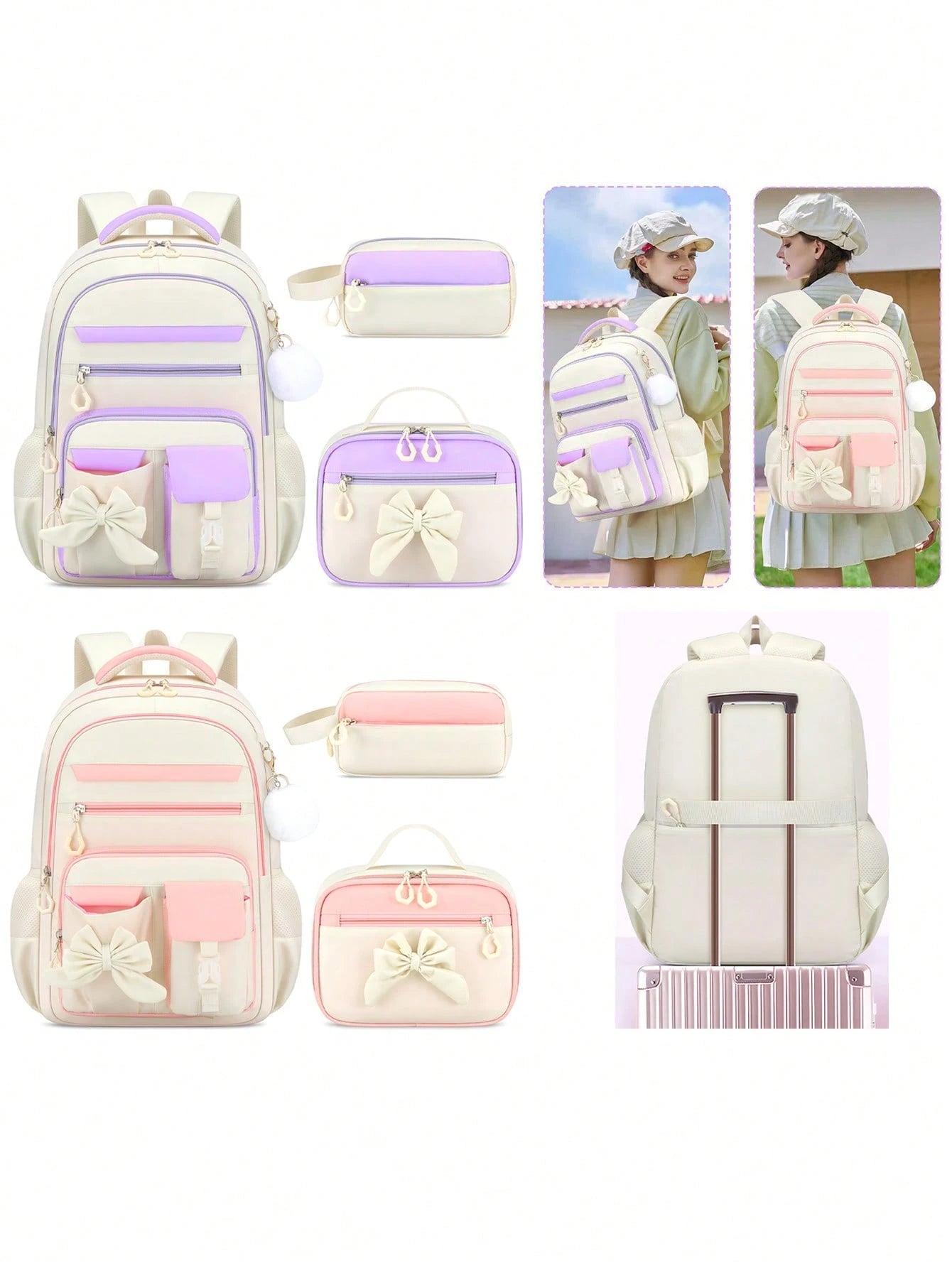 BXboat 3PCS Bow Girl School Backpack Set With Handbag & Storage Bag, Lightweight Multi-Pocket Student Bookbag, Fits 15.6 Inch Laptop, Travel Backpack, Back To School Essential, Ideal Birthday Gift