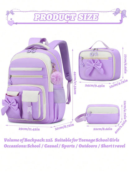 BXboat 3PCS Bow Girl School Backpack Set With Handbag & Storage Bag, Lightweight Multi-Pocket Student Bookbag, Fits 15.6 Inch Laptop, Travel Backpack, Back To School Essential, Ideal Birthday Gift