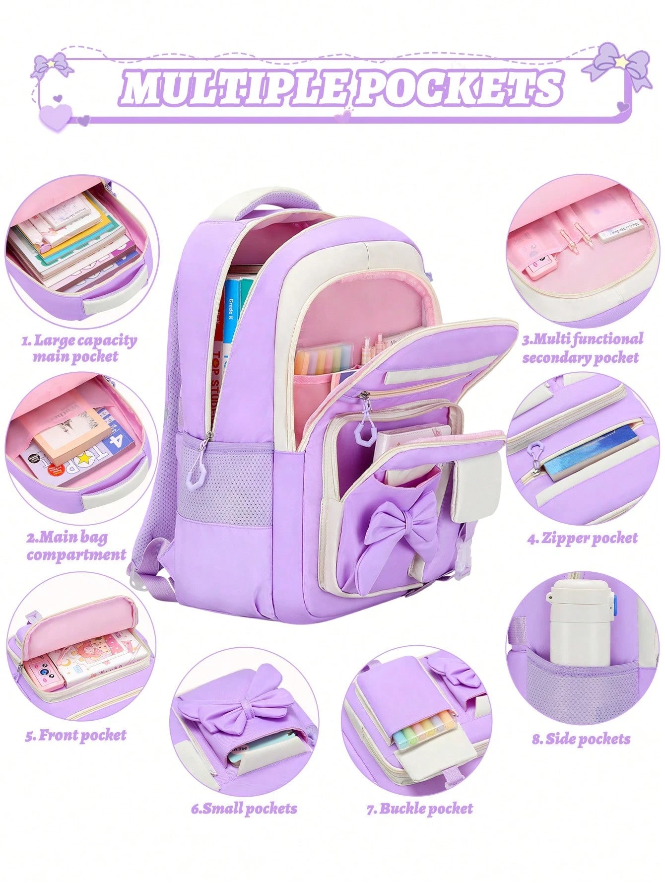 BXboat 3PCS Bow Girl School Backpack Set With Handbag & Storage Bag, Lightweight Multi-Pocket Student Bookbag, Fits 15.6 Inch Laptop, Travel Backpack, Back To School Essential, Ideal Birthday Gift