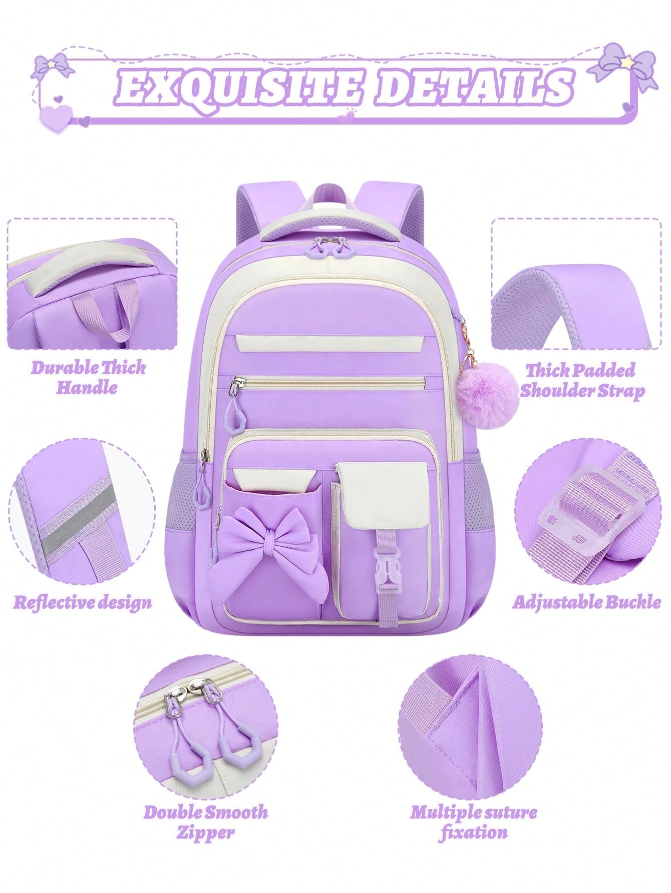 BXboat 3PCS Bow Girl School Backpack Set With Handbag & Storage Bag, Lightweight Multi-Pocket Student Bookbag, Fits 15.6 Inch Laptop, Travel Backpack, Back To School Essential, Ideal Birthday Gift