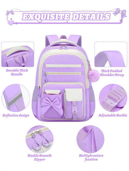 BXboat 3PCS Bow Girl School Backpack Set With Handbag & Storage Bag, Lightweight Multi-Pocket Student Bookbag, Fits 15.6 Inch Laptop, Travel Backpack, Back To School Essential, Ideal Birthday Gift