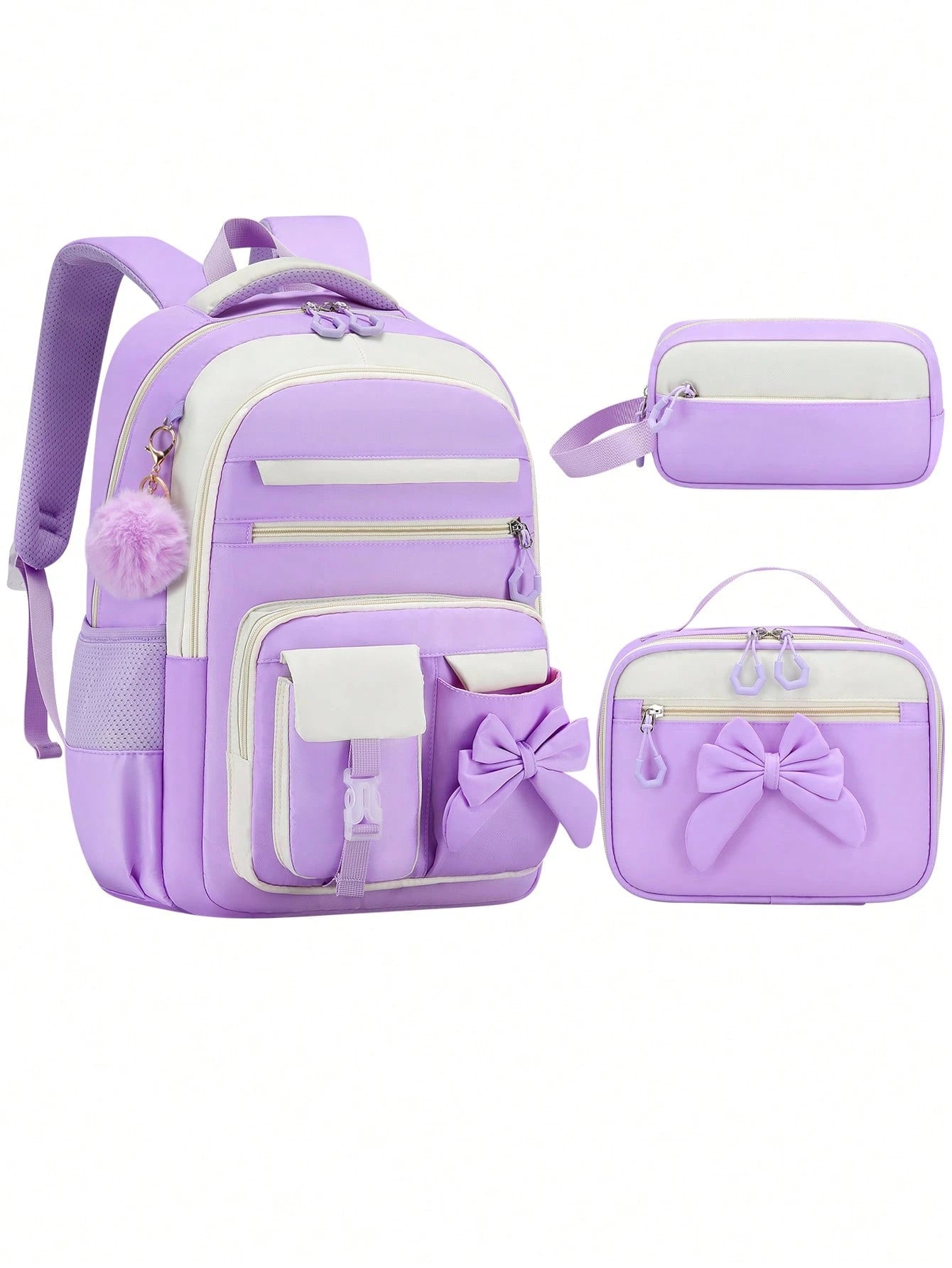 BXboat 3PCS Bow Girl School Backpack Set With Handbag & Storage Bag, Lightweight Multi-Pocket Student Bookbag, Fits 15.6 Inch Laptop, Travel Backpack, Back To School Essential, Ideal Birthday Gift