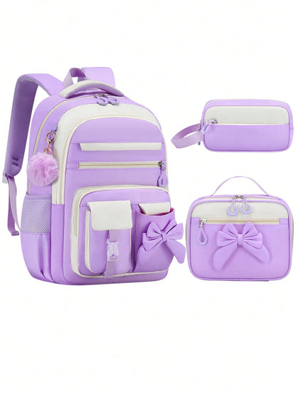 BXboat 3PCS Bow Girl School Backpack Set With Handbag & Storage Bag, Lightweight Multi-Pocket Student Bookbag, Fits 15.6 Inch Laptop, Travel Backpack, Back To School Essential, Ideal Birthday Gift