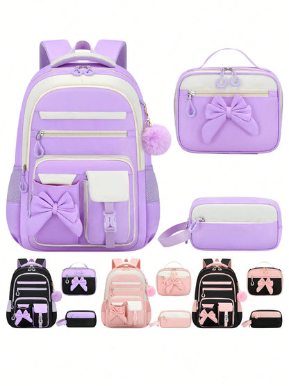 BXboat 3PCS Bow Girl School Backpack Set With Handbag & Storage Bag, Lightweight Multi-Pocket Student Bookbag, Fits 15.6 Inch Laptop, Travel Backpack, Back To School Essential, Ideal Birthday Gift