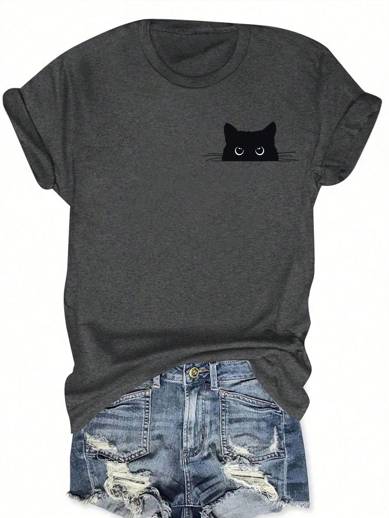 Calvaya Plus Size Casual Cute Cat Print Short Sleeve T-Shirt, Summer Graphic Tees Women Tops