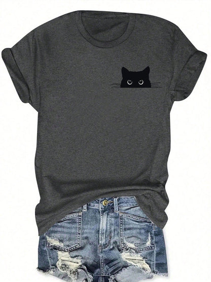Calvaya Plus Size Casual Cute Cat Print Short Sleeve T-Shirt, Summer Graphic Tees Women Tops