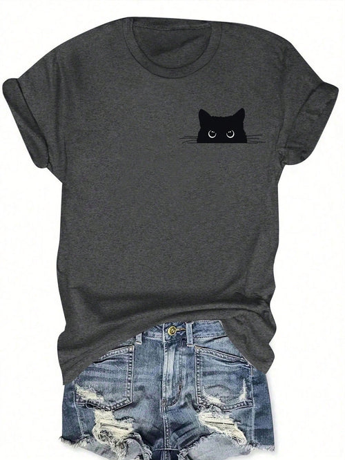 Calvaya Plus Size Casual Cute Cat Print Short Sleeve T-Shirt, Summer Graphic Tees Women Tops