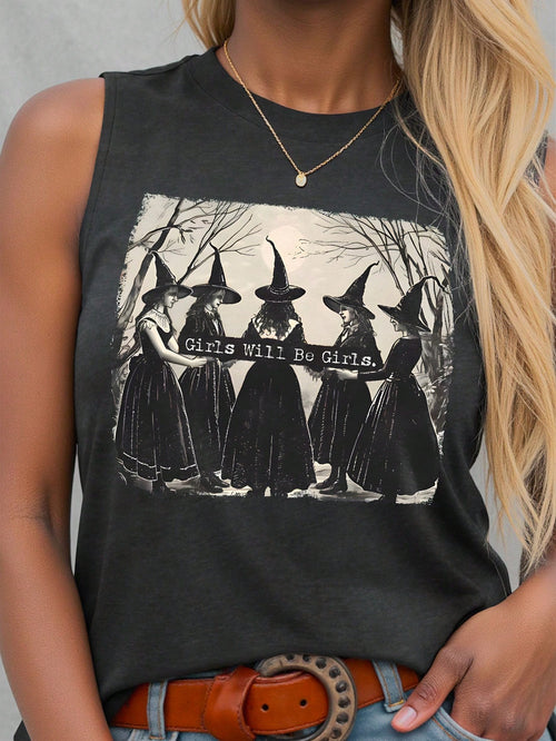 Calvaya Plus Size Women Halloween Witch Print Tank Top Graphic Tees Women Tops