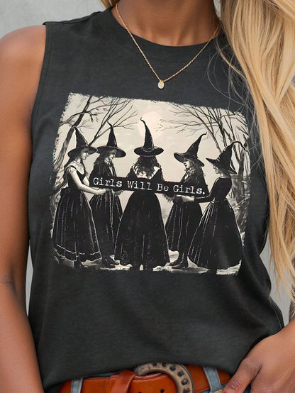 Calvaya Plus Size Women Halloween Witch Print Tank Top Graphic Tees Women Tops