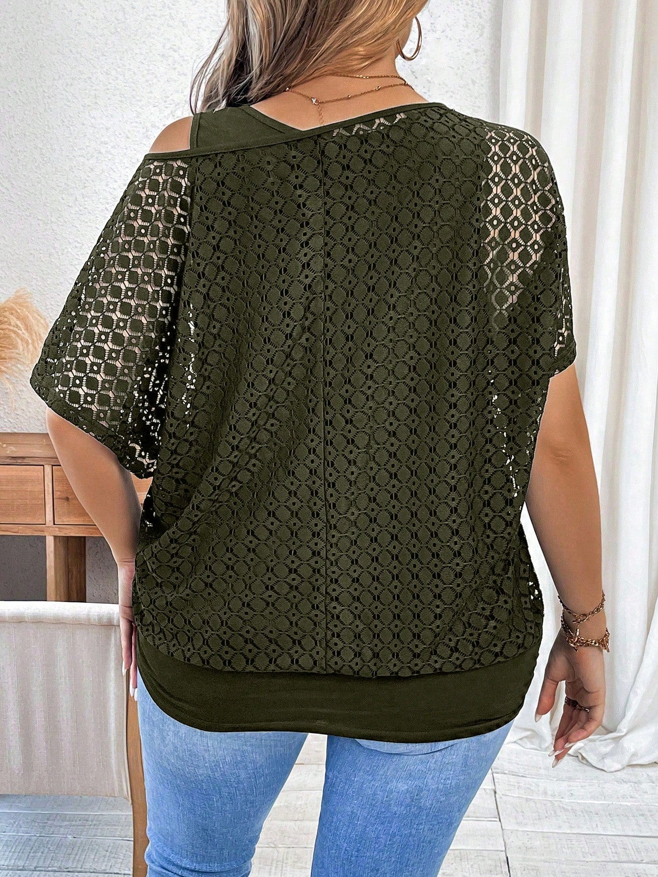 Calvaya Plus Size Women Lace Fabric Asymmetrical Neck Cover Up, Inner Matching Camisole, 2 In 1, Cinched Waist, Casual Outdoor Travel Commute Cover Up