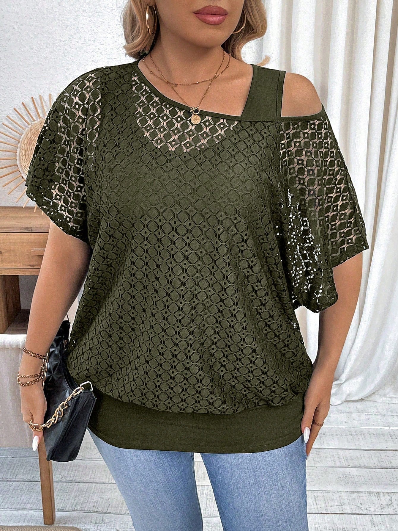 Calvaya Plus Size Women Lace Fabric Asymmetrical Neck Cover Up, Inner Matching Camisole, 2 In 1, Cinched Waist, Casual Outdoor Travel Commute Cover Up