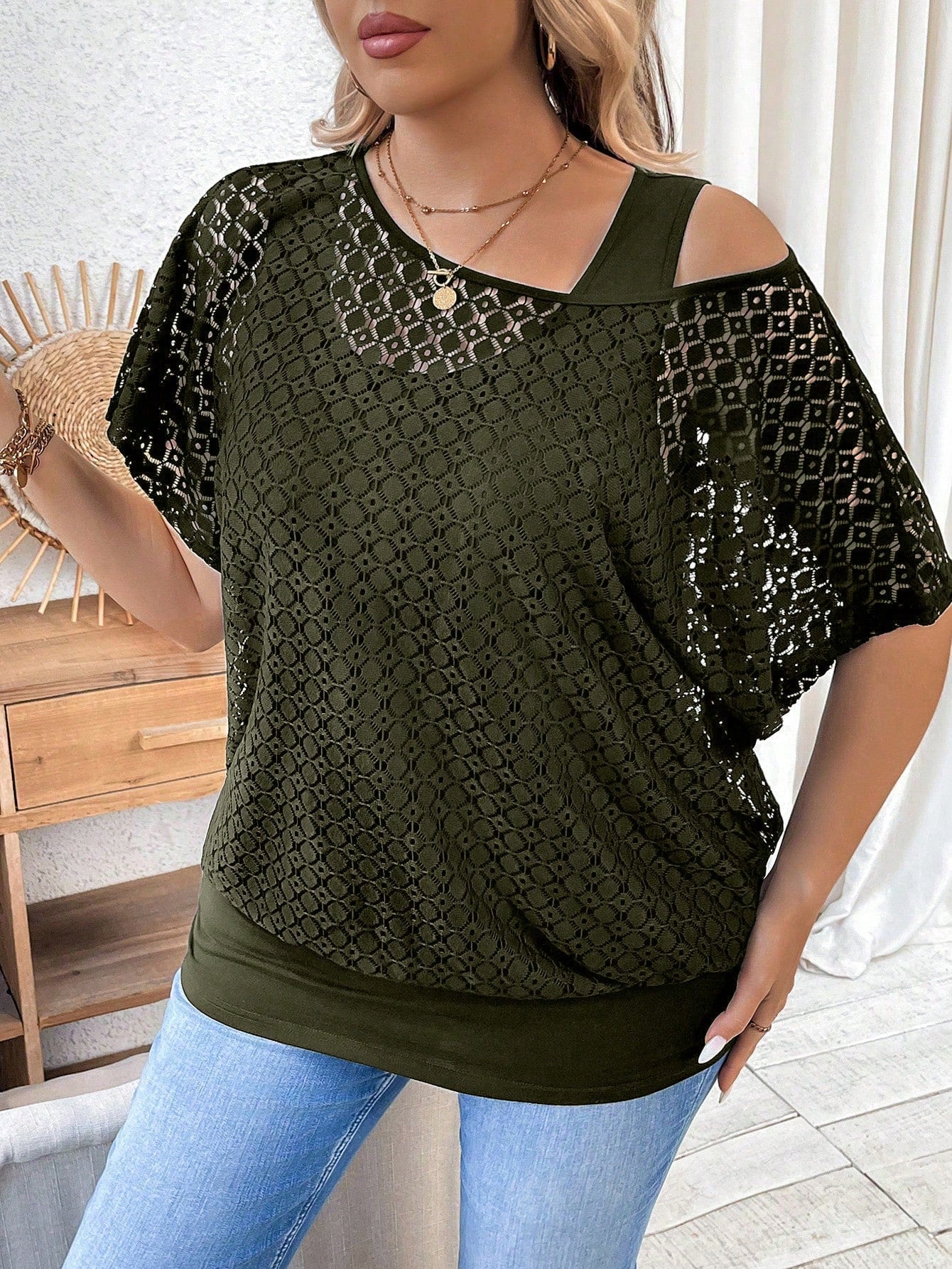 Calvaya Plus Size Women Lace Fabric Asymmetrical Neck Cover Up, Inner Matching Camisole, 2 In 1, Cinched Waist, Casual Outdoor Travel Commute Cover Up