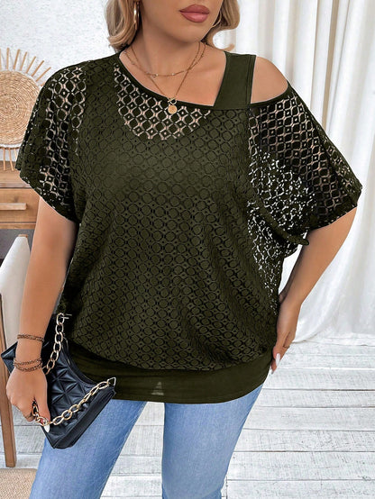 Calvaya Plus Size Women Lace Fabric Asymmetrical Neck Cover Up, Inner Matching Camisole, 2 In 1, Cinched Waist, Casual Outdoor Travel Commute Cover Up