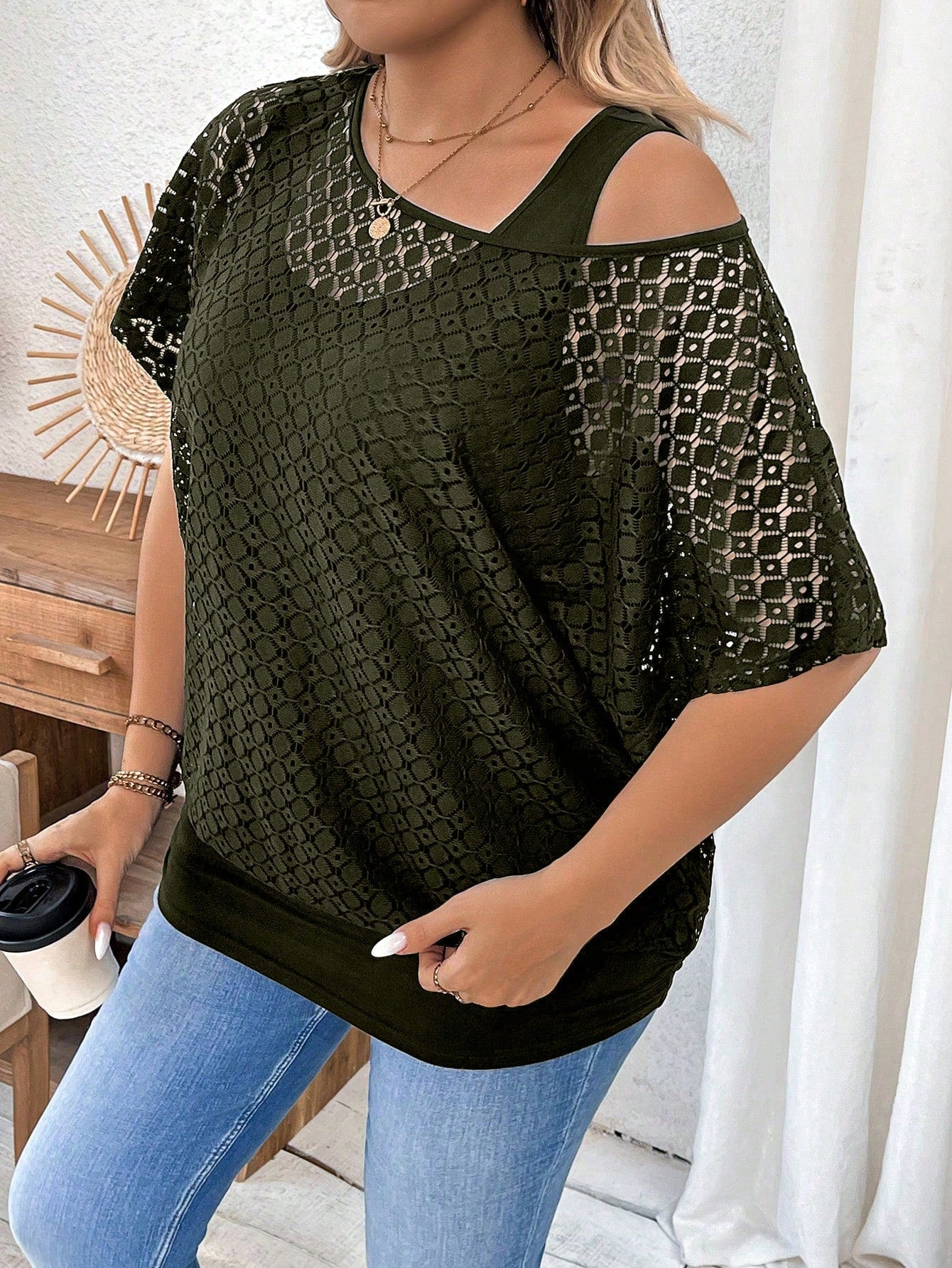 Calvaya Plus Size Women Lace Fabric Asymmetrical Neck Cover Up, Inner Matching Camisole, 2 In 1, Cinched Waist, Casual Outdoor Travel Commute Cover Up