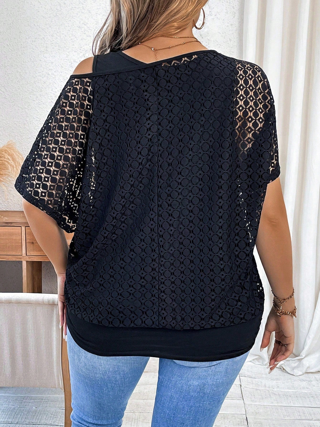 Calvaya Plus Size Women Lace Fabric Asymmetrical Neck Cover Up, Inner Matching Camisole, 2 In 1, Cinched Waist, Casual Outdoor Travel Commute Cover Up
