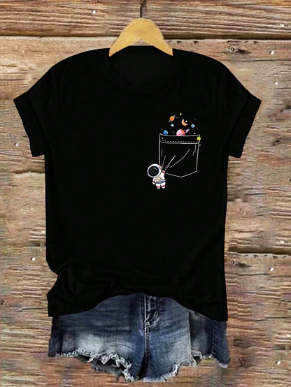 Calvaya Plus Size Women Summer Astronaut Printed Round Neck Short Sleeve Casual T-Shirt Graphic Tees Women Tops